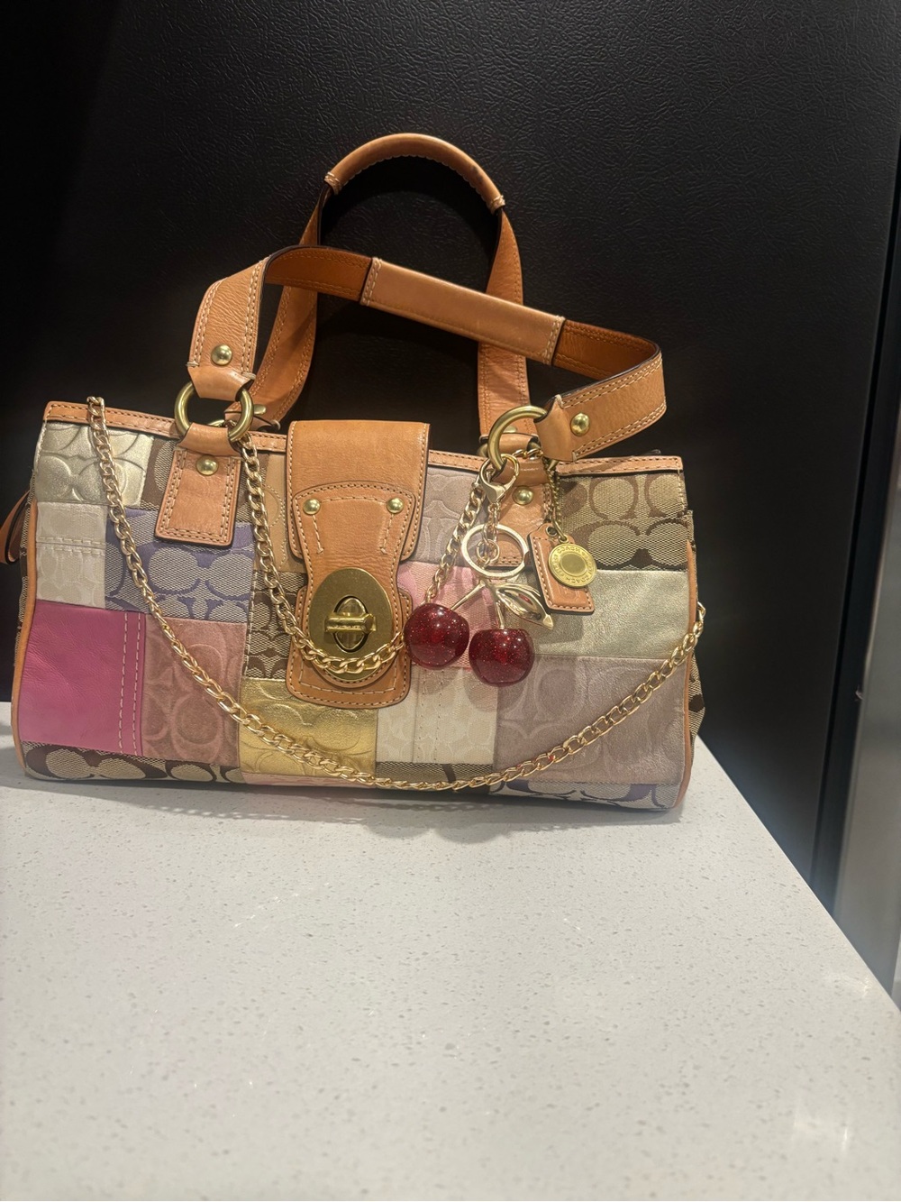 Coach Multi-Color Patchwork Satchel with Tan Trim